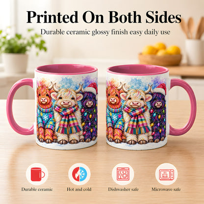 #pl[11oz|Pink] Colorful Christmas Highland Cow Coffee Mug, Winter Cow Mug, Ceramic Cup
