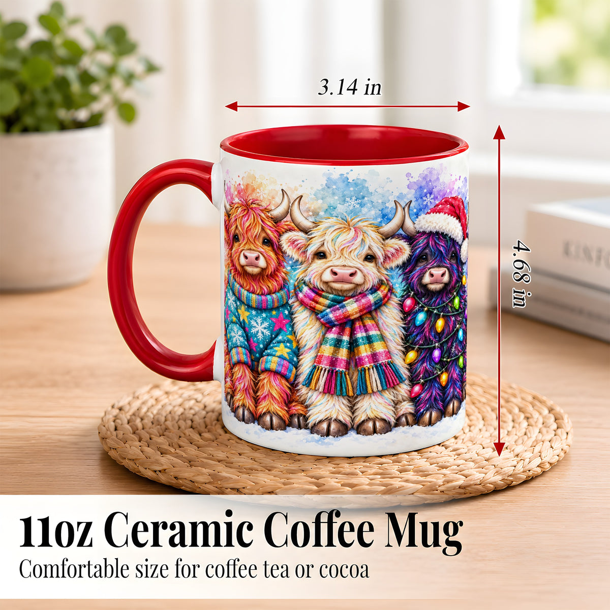 #pl[11oz|Red] Colorful Christmas Highland Cow Coffee Mug, Winter Cow Mug, Ceramic Cup