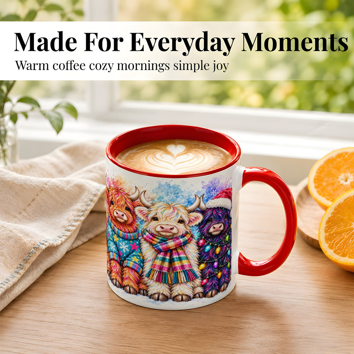 #pl[11oz|Red] Colorful Christmas Highland Cow Coffee Mug, Winter Cow Mug, Ceramic Cup