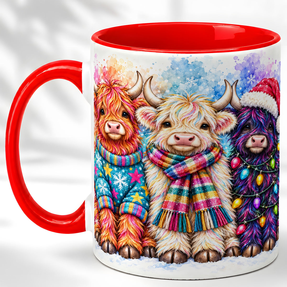 #pl[11oz|Red] Colorful Christmas Highland Cow Coffee Mug, Winter Cow Mug, Ceramic Cup