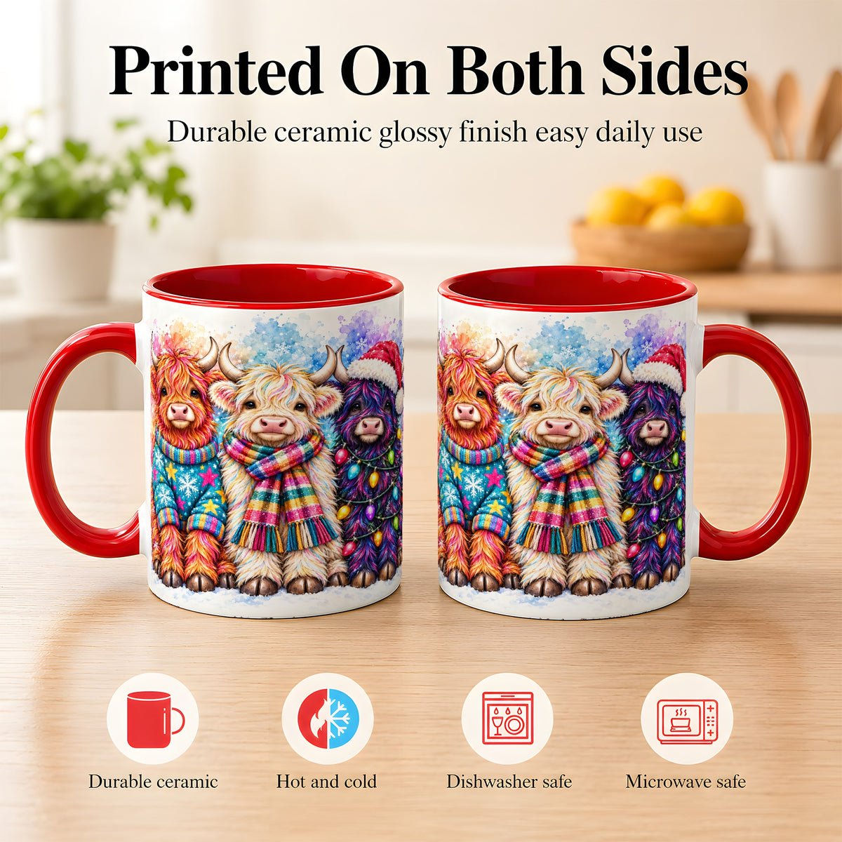 #pl[11oz|Red] Colorful Christmas Highland Cow Coffee Mug, Winter Cow Mug, Ceramic Cup