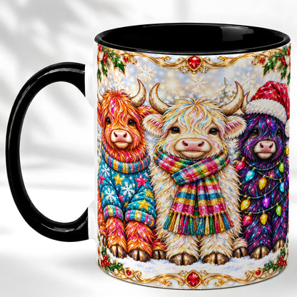 #pl[11oz|Black] Jeweled Christmas Highland Cow Coffee Mug, Holiday Cow Mug, Ceramic Cup