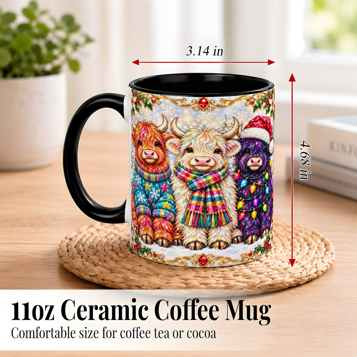 #pl[11oz|Black] Jeweled Christmas Highland Cow Coffee Mug, Holiday Cow Mug, Ceramic Cup