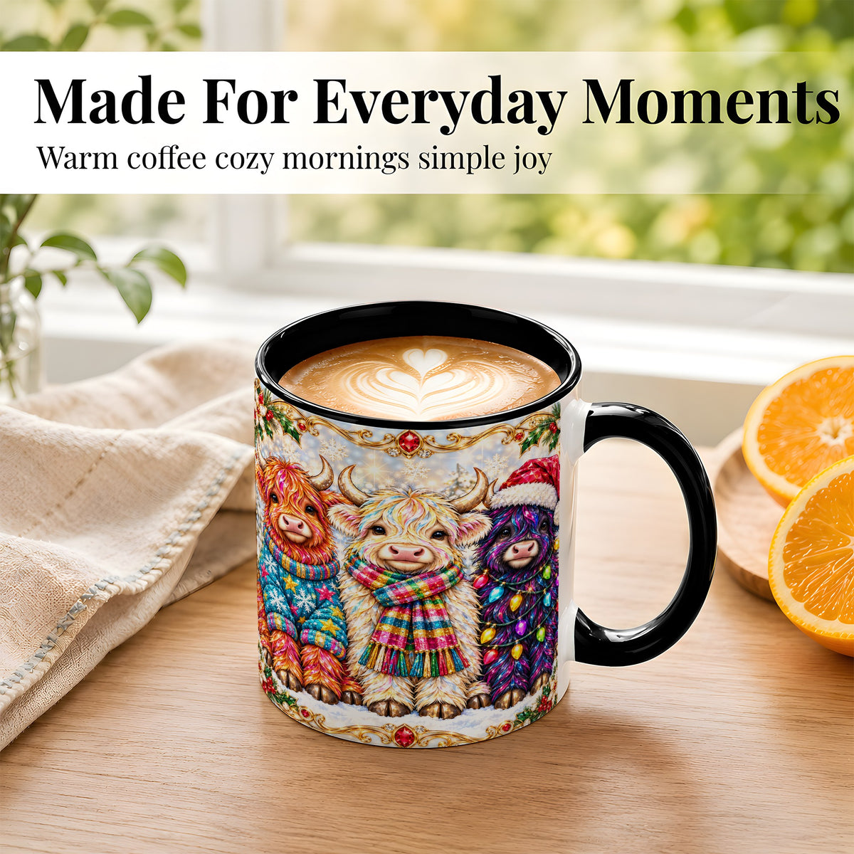 #pl[11oz|Black] Jeweled Christmas Highland Cow Coffee Mug, Holiday Cow Mug, Ceramic Cup
