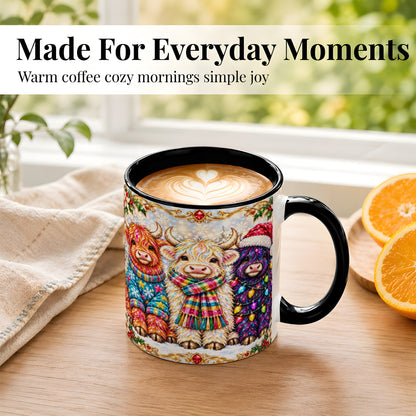 #pl[11oz|Black] Jeweled Christmas Highland Cow Coffee Mug, Holiday Cow Mug, Ceramic Cup