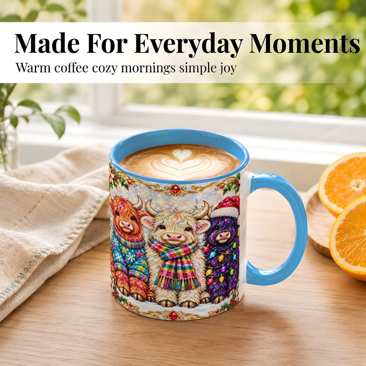 #pl[11oz|Blue] Jeweled Christmas Highland Cow Coffee Mug, Holiday Cow Mug, Ceramic Cup