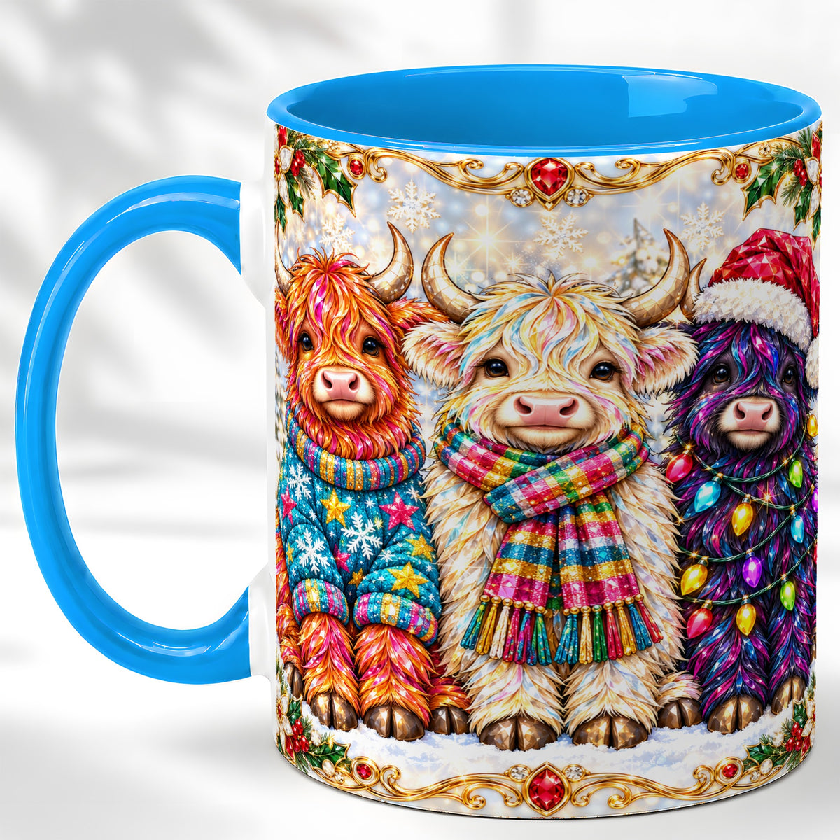 #pl[11oz|Blue] Jeweled Christmas Highland Cow Coffee Mug, Holiday Cow Mug, Ceramic Cup