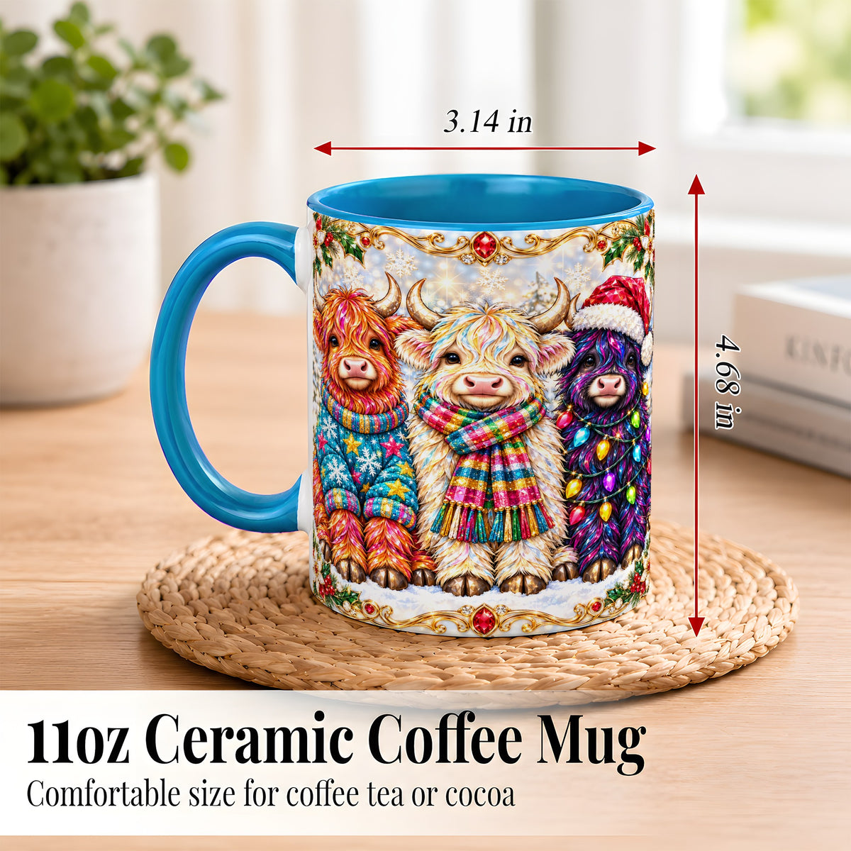 #pl[11oz|Blue] Jeweled Christmas Highland Cow Coffee Mug, Holiday Cow Mug, Ceramic Cup