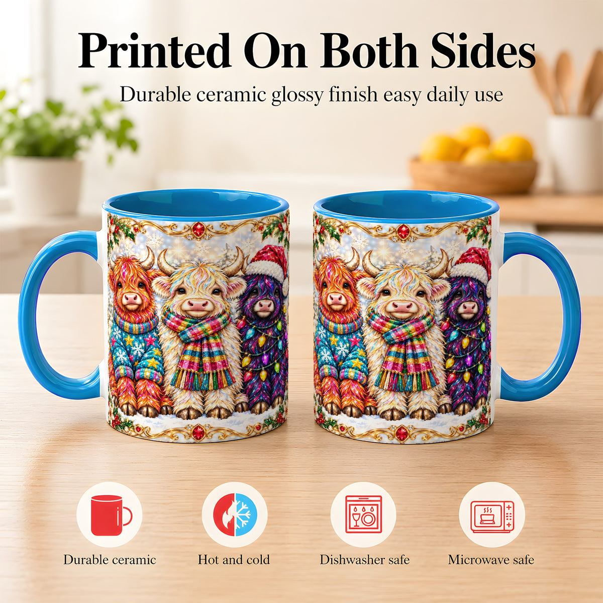 #pl[11oz|Blue] Jeweled Christmas Highland Cow Coffee Mug, Holiday Cow Mug, Ceramic Cup