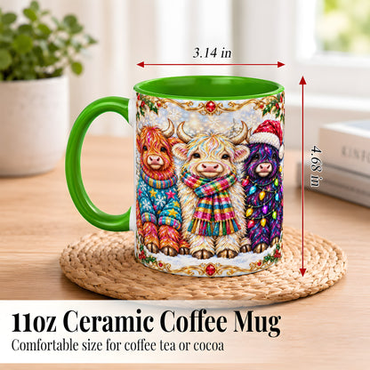 #pl[11oz|Green] Jeweled Christmas Highland Cow Coffee Mug, Holiday Cow Mug, Ceramic Cup