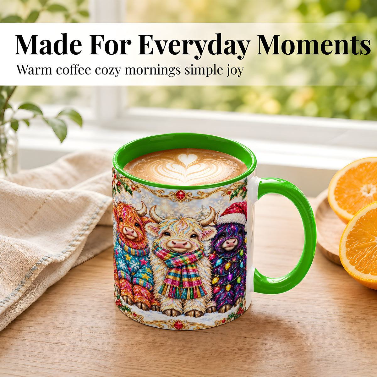 #pl[11oz|Green] Jeweled Christmas Highland Cow Coffee Mug, Holiday Cow Mug, Ceramic Cup