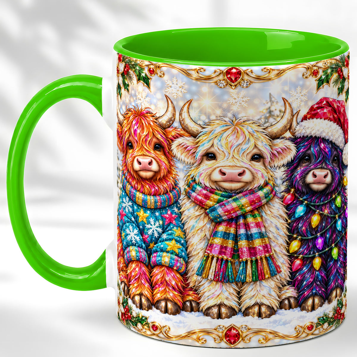 #pl[11oz|Green] Jeweled Christmas Highland Cow Coffee Mug, Holiday Cow Mug, Ceramic Cup