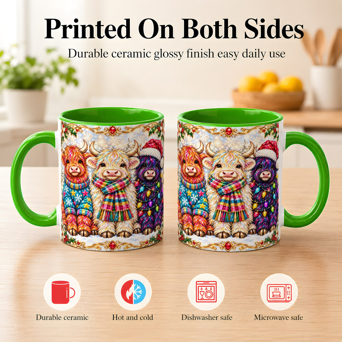 #pl[11oz|Green] Jeweled Christmas Highland Cow Coffee Mug, Holiday Cow Mug, Ceramic Cup