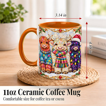 #pl[11oz|Orange] Jeweled Christmas Highland Cow Coffee Mug, Holiday Cow Mug, Ceramic Cup
