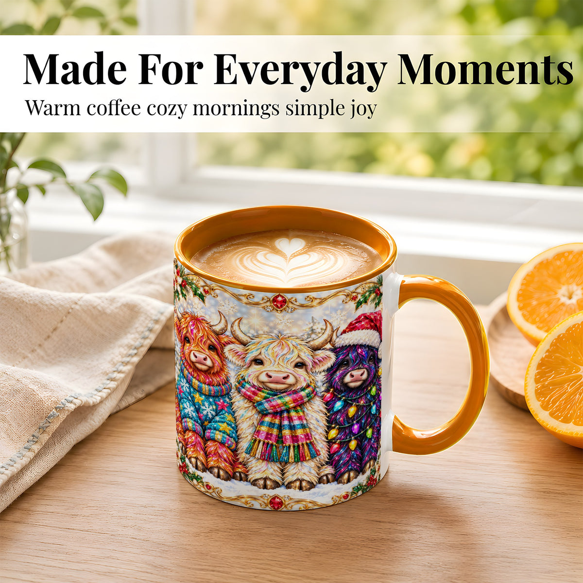 #pl[11oz|Orange] Jeweled Christmas Highland Cow Coffee Mug, Holiday Cow Mug, Ceramic Cup