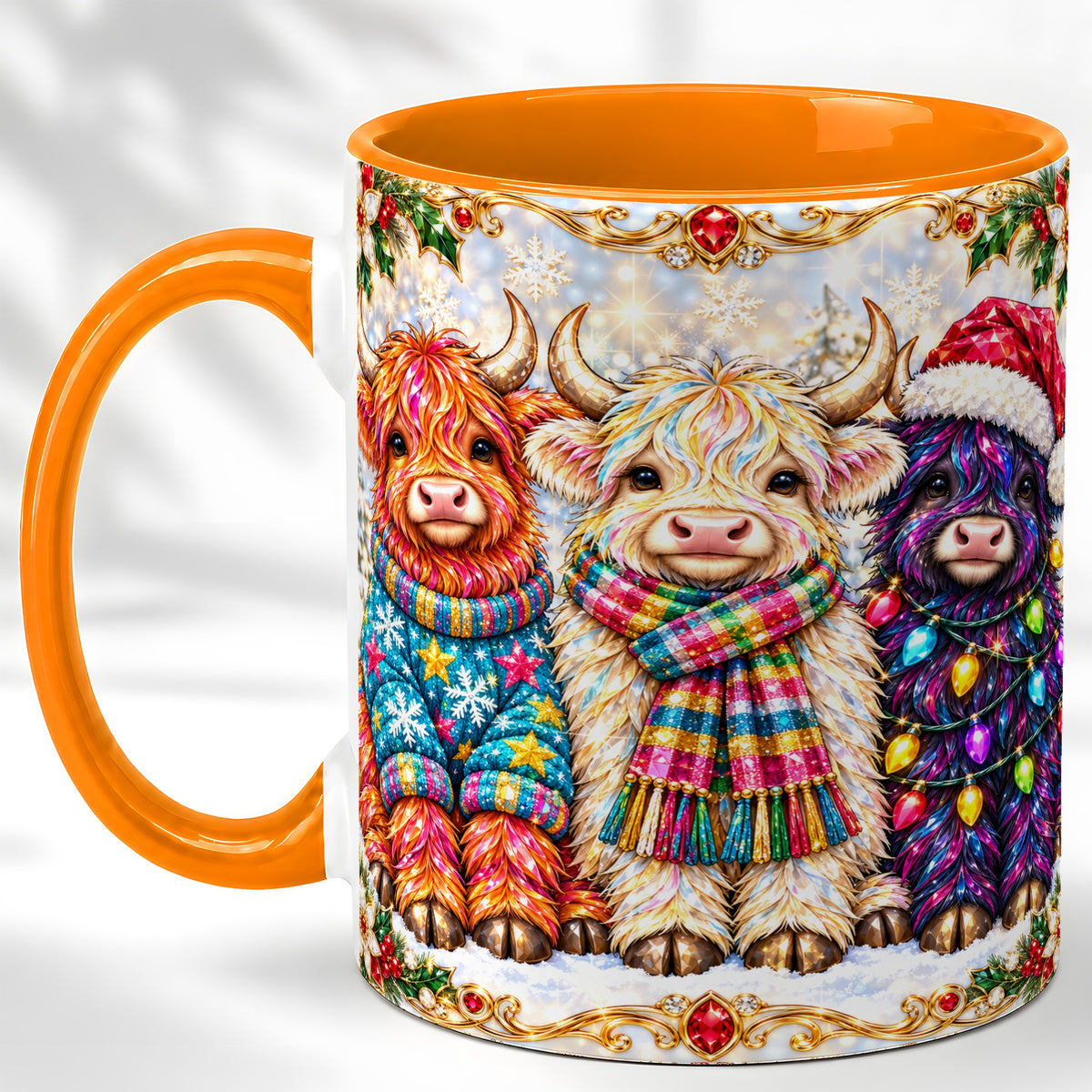 #pl[11oz|Orange] Jeweled Christmas Highland Cow Coffee Mug, Holiday Cow Mug, Ceramic Cup