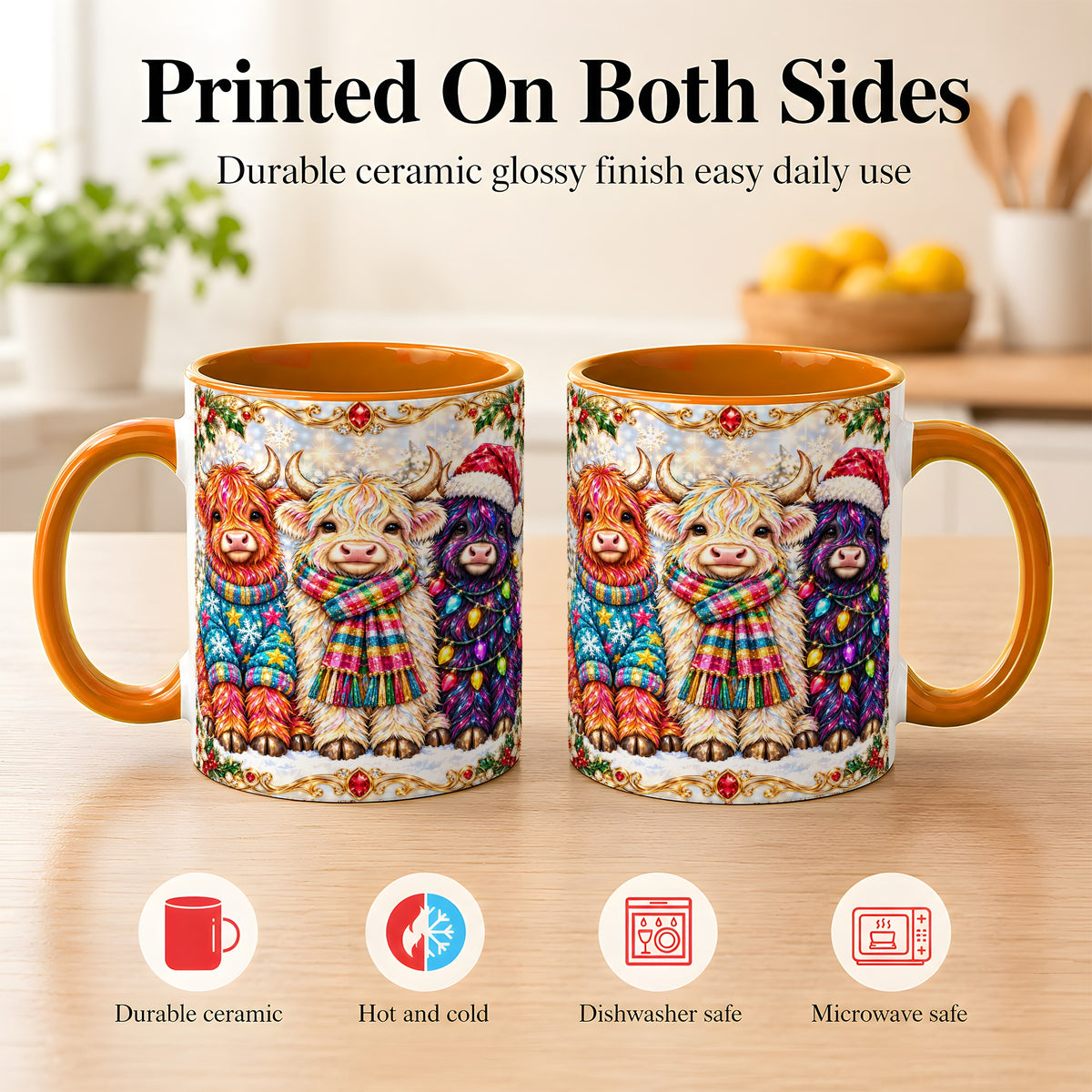 #pl[11oz|Orange] Jeweled Christmas Highland Cow Coffee Mug, Holiday Cow Mug, Ceramic Cup