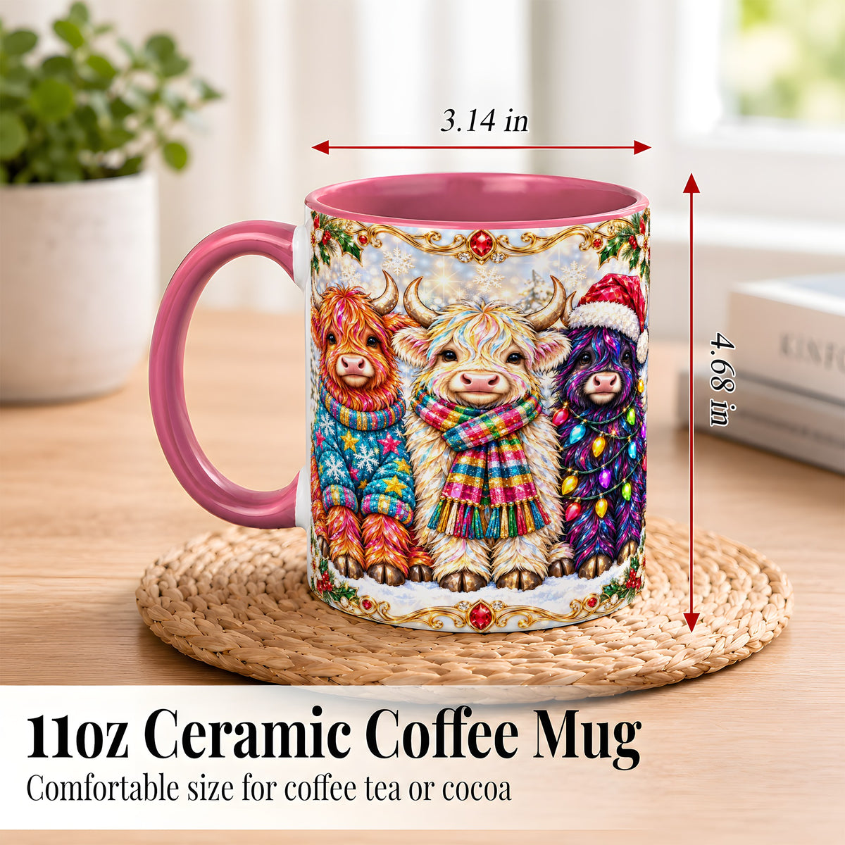 #pl[11oz|Pink] Jeweled Christmas Highland Cow Coffee Mug, Holiday Cow Mug, Ceramic Cup