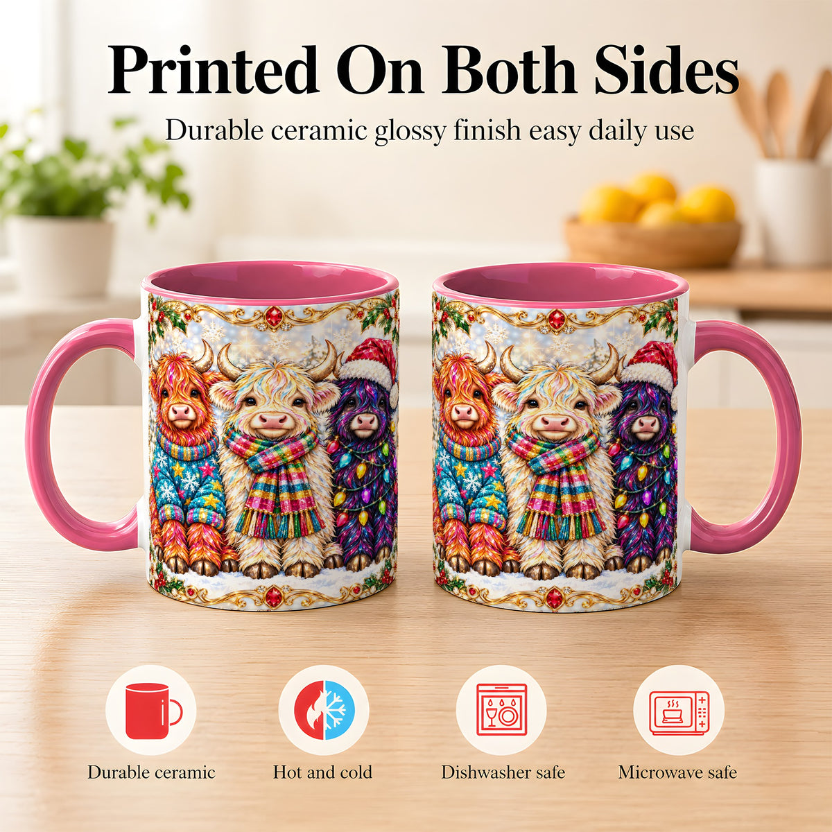 #pl[11oz|Pink] Jeweled Christmas Highland Cow Coffee Mug, Holiday Cow Mug, Ceramic Cup