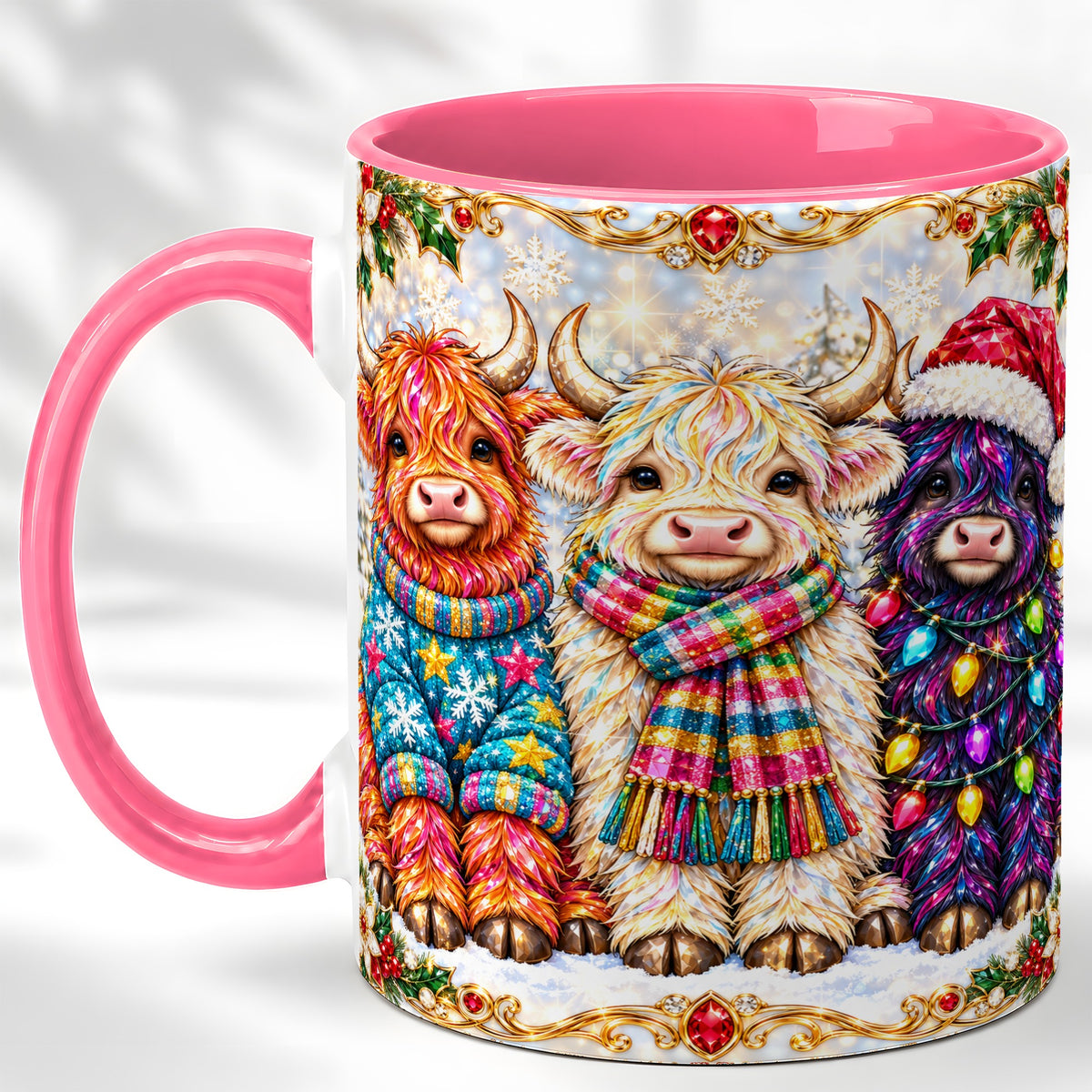 #pl[11oz|Pink] Jeweled Christmas Highland Cow Coffee Mug, Holiday Cow Mug, Ceramic Cup