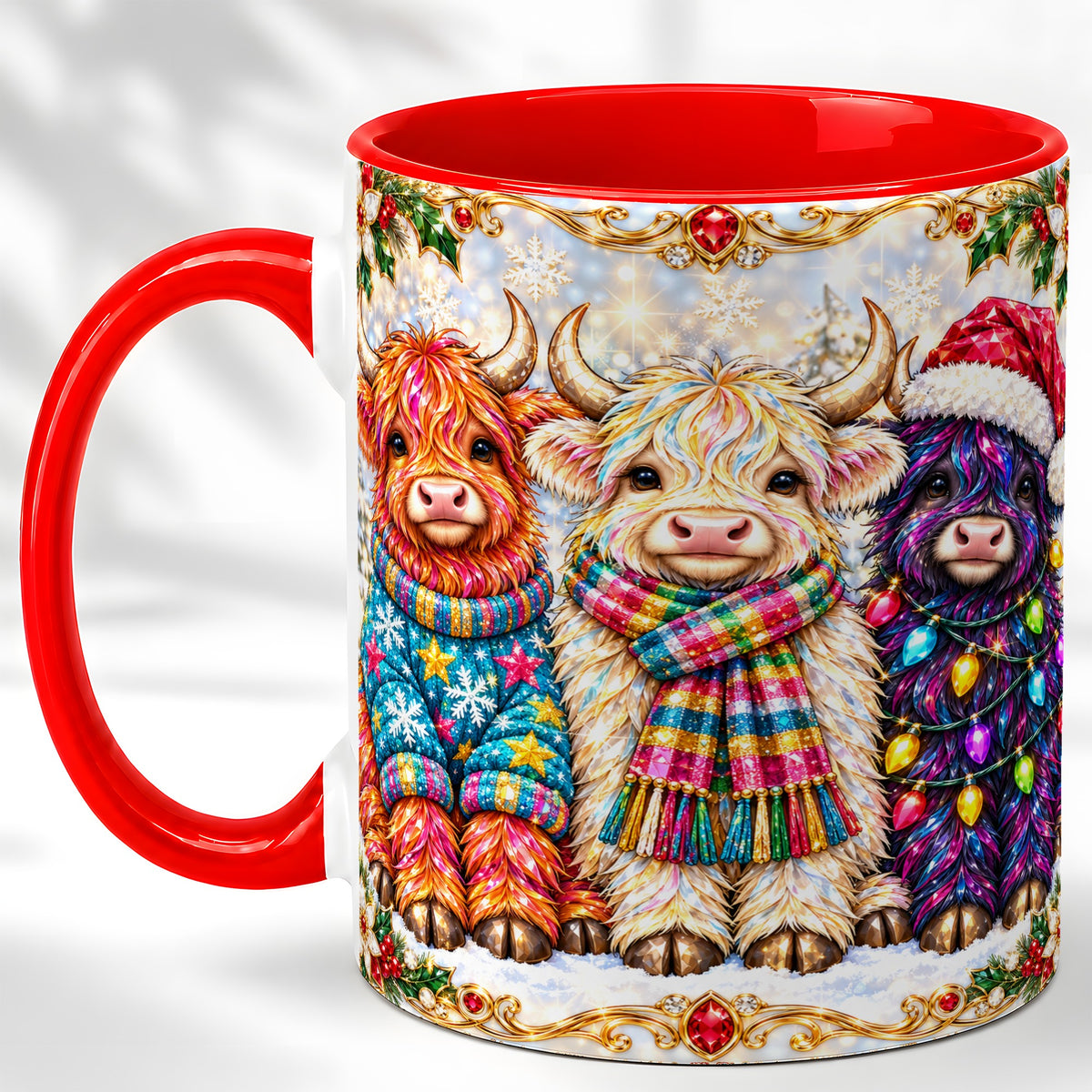 #pl[11oz|Red] Jeweled Christmas Highland Cow Coffee Mug, Holiday Cow Mug, Ceramic Cup