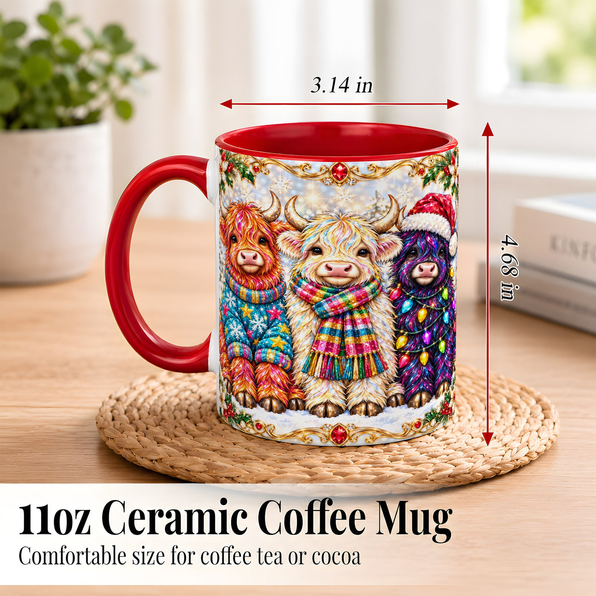 #pl[11oz|Red] Jeweled Christmas Highland Cow Coffee Mug, Holiday Cow Mug, Ceramic Cup