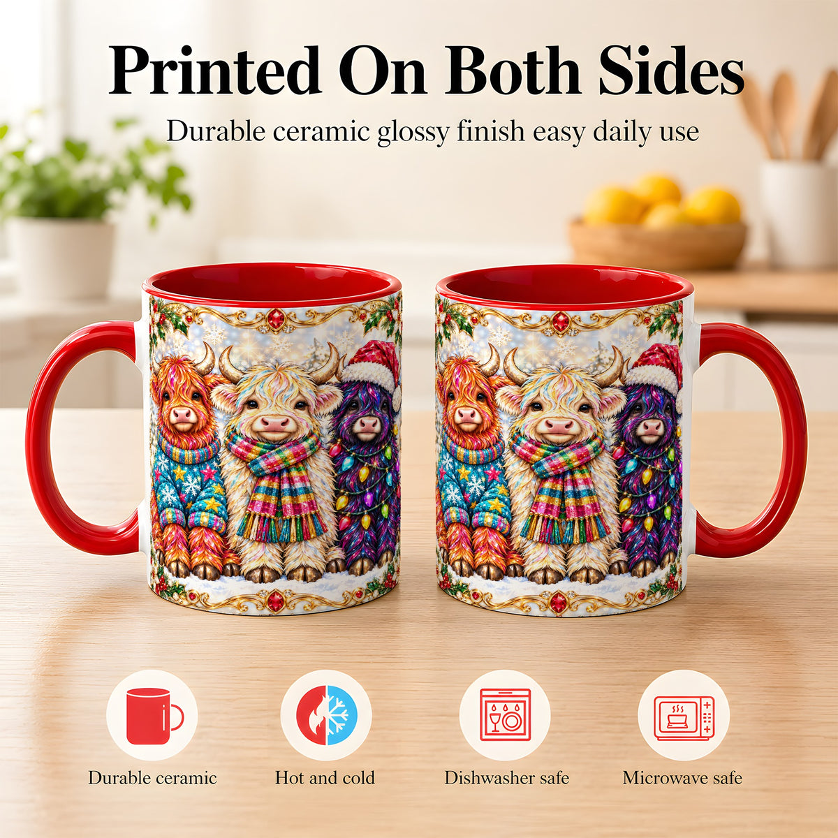 #pl[11oz|Red] Jeweled Christmas Highland Cow Coffee Mug, Holiday Cow Mug, Ceramic Cup