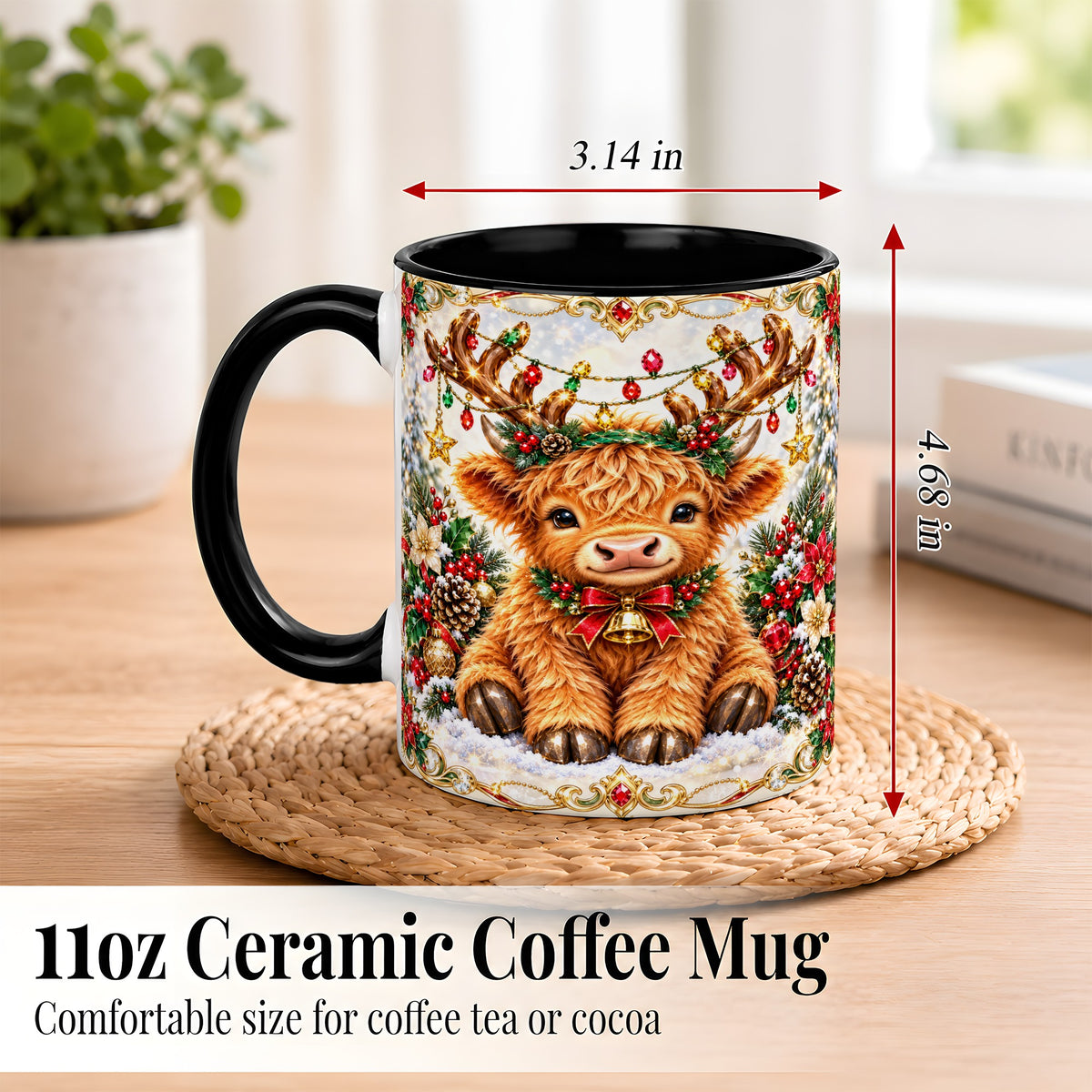#pl[11oz|Black] Christmas Highland Cow Coffee Mug, Reindeer Cow Mug, Ceramic Cup
