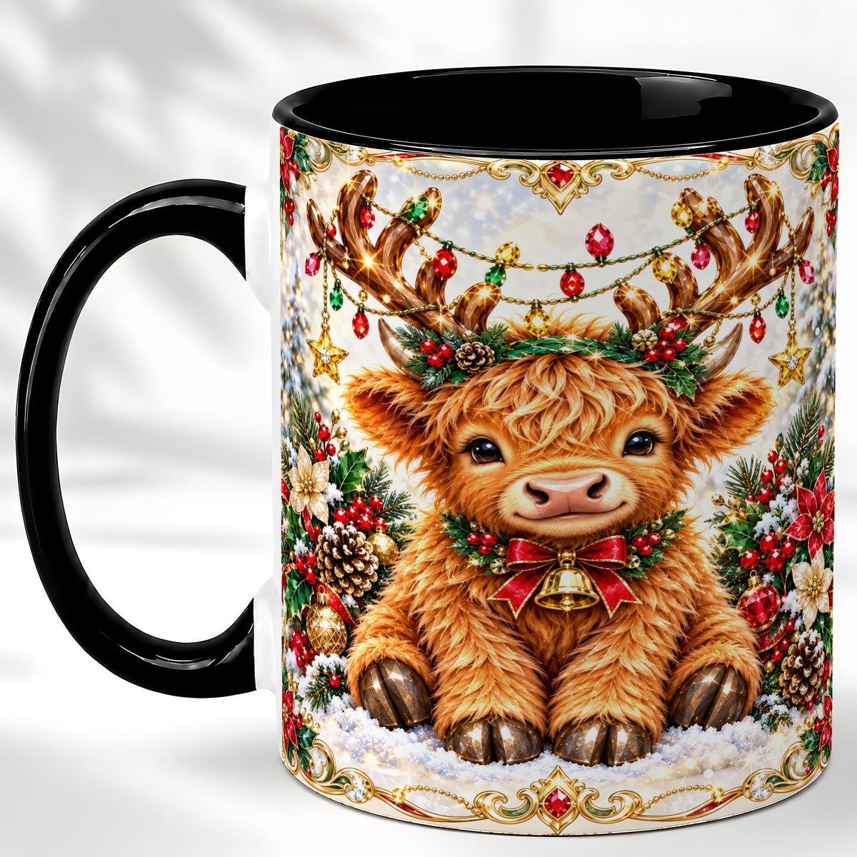 #pl[11oz|Black] Christmas Highland Cow Coffee Mug, Reindeer Cow Mug, Ceramic Cup
