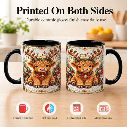 #pl[11oz|Black] Christmas Highland Cow Coffee Mug, Reindeer Cow Mug, Ceramic Cup