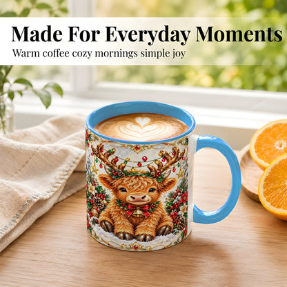 #pl[11oz|Blue] Christmas Highland Cow Coffee Mug, Reindeer Cow Mug, Ceramic Cup