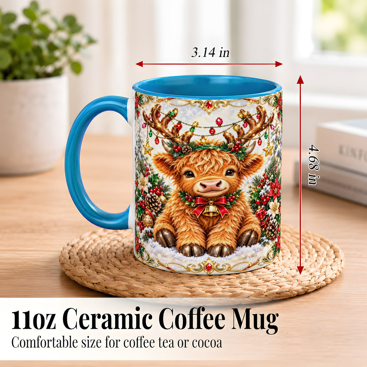 #pl[11oz|Blue] Christmas Highland Cow Coffee Mug, Reindeer Cow Mug, Ceramic Cup