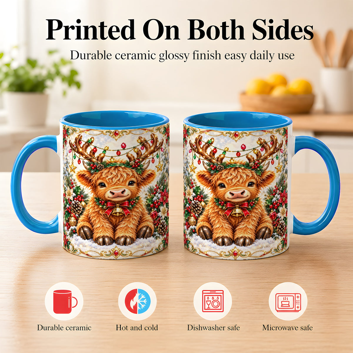 #pl[11oz|Blue] Christmas Highland Cow Coffee Mug, Reindeer Cow Mug, Ceramic Cup