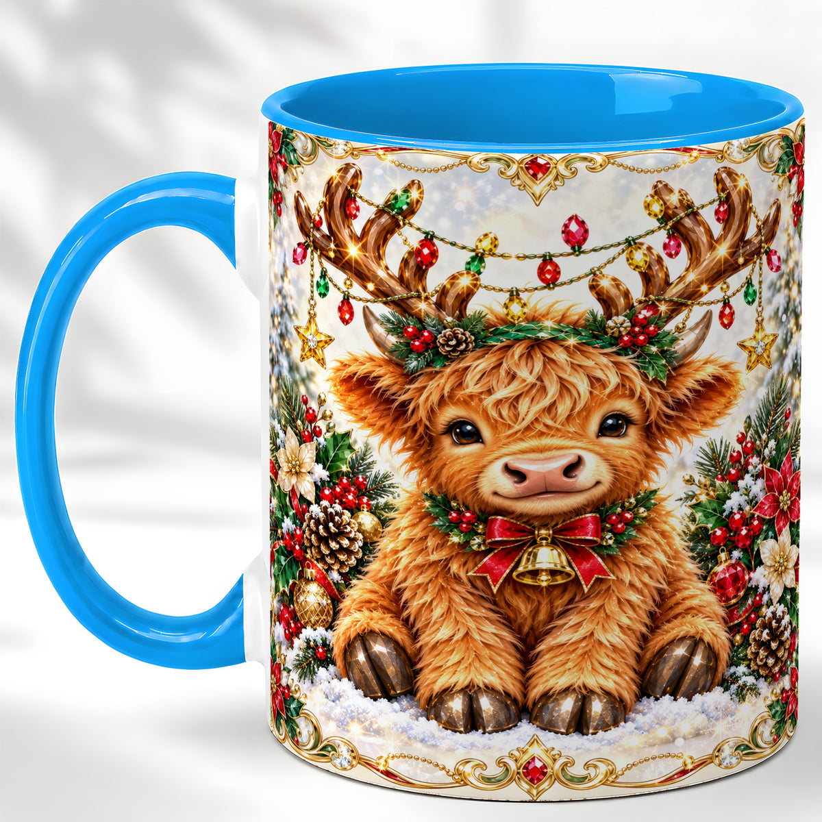#pl[11oz|Blue] Christmas Highland Cow Coffee Mug, Reindeer Cow Mug, Ceramic Cup