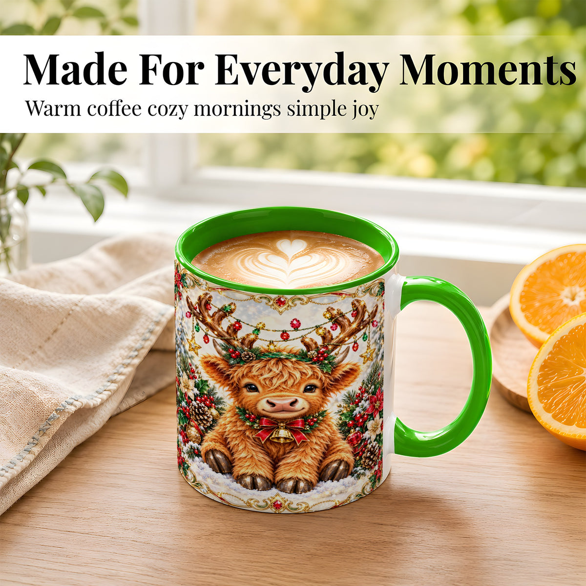 #pl[11oz|Green] Christmas Highland Cow Coffee Mug, Reindeer Cow Mug, Ceramic Cup
