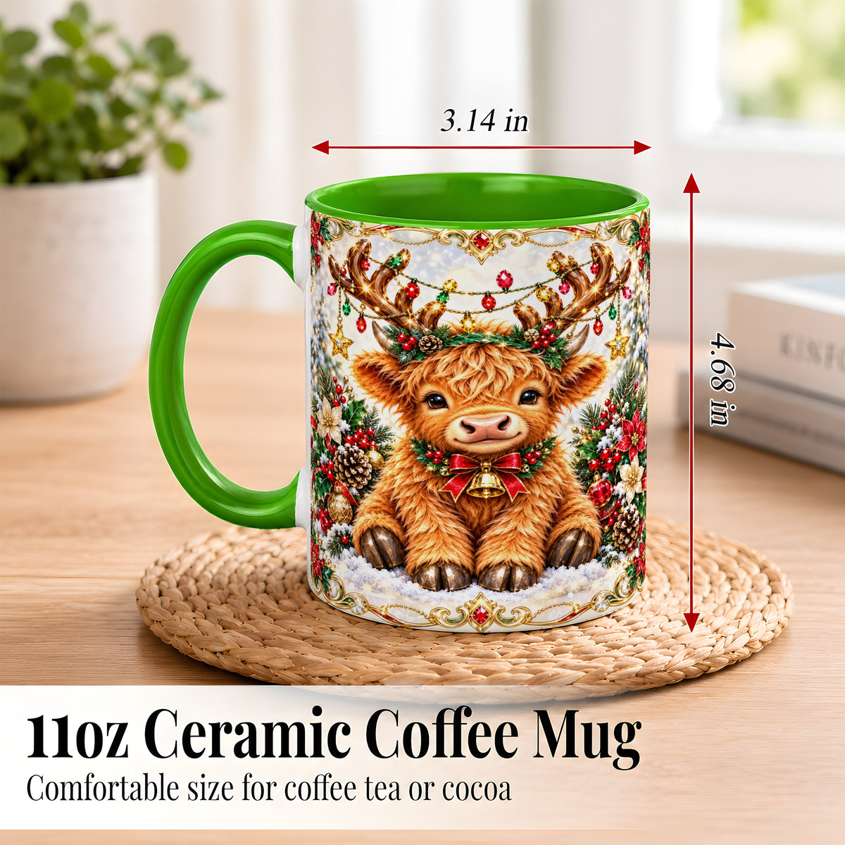 #pl[11oz|Green] Christmas Highland Cow Coffee Mug, Reindeer Cow Mug, Ceramic Cup