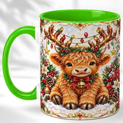 #pl[11oz|Green] Christmas Highland Cow Coffee Mug, Reindeer Cow Mug, Ceramic Cup
