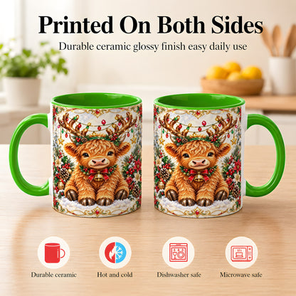 #pl[11oz|Green] Christmas Highland Cow Coffee Mug, Reindeer Cow Mug, Ceramic Cup
