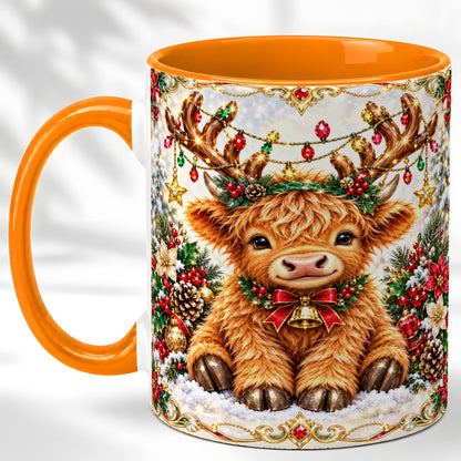 #pl[11oz|Orange] Christmas Highland Cow Coffee Mug, Reindeer Cow Mug, Ceramic Cup