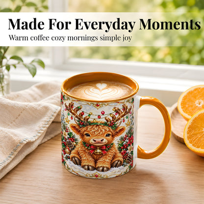 #pl[11oz|Orange] Christmas Highland Cow Coffee Mug, Reindeer Cow Mug, Ceramic Cup
