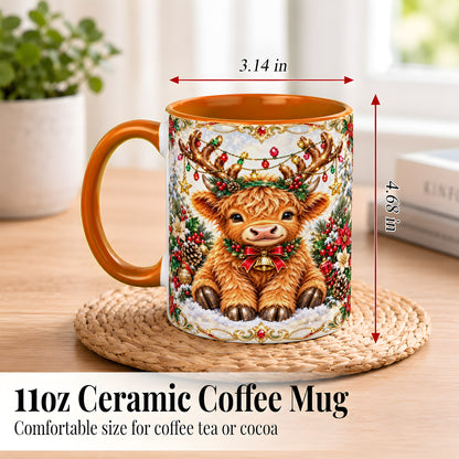 #pl[11oz|Orange] Christmas Highland Cow Coffee Mug, Reindeer Cow Mug, Ceramic Cup