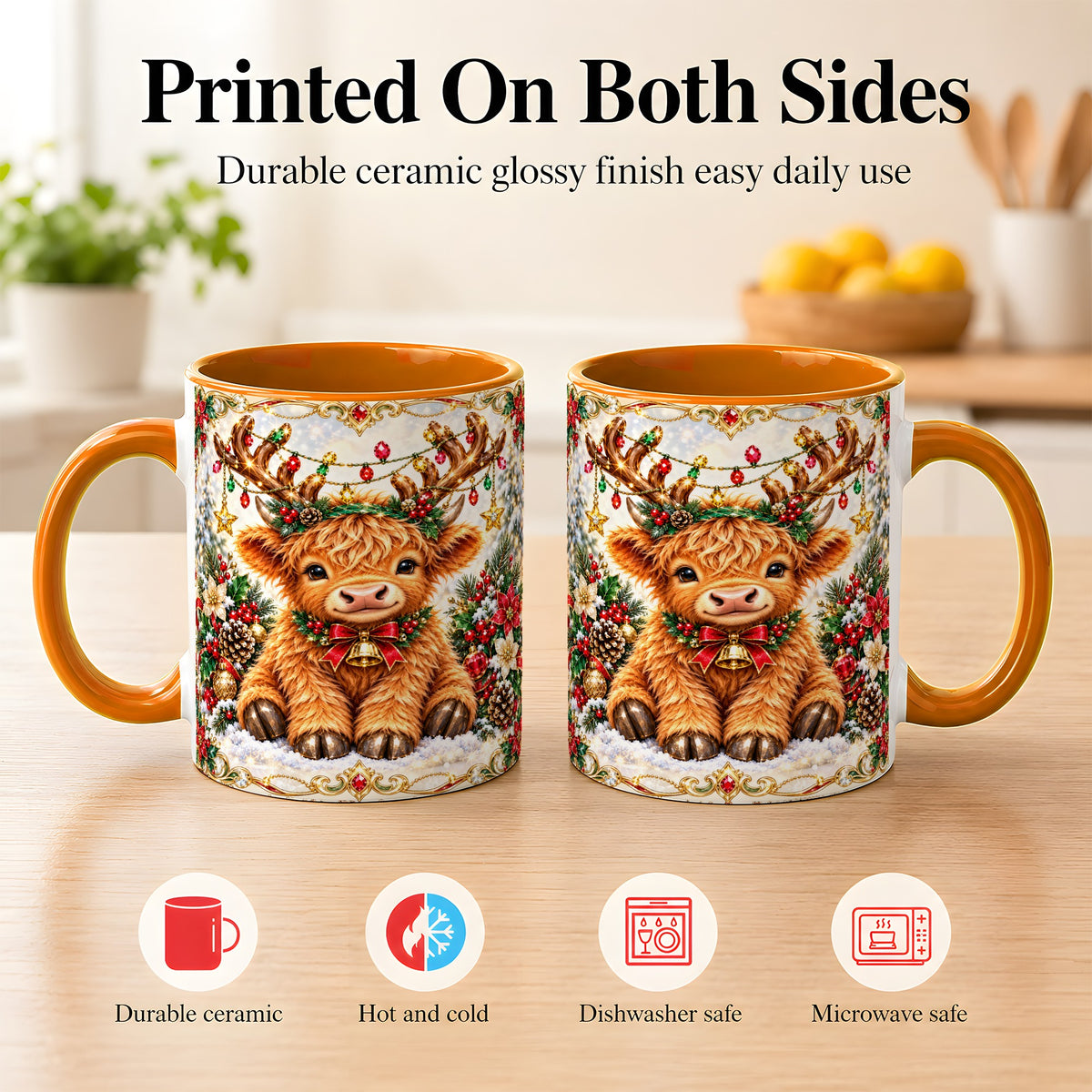 #pl[11oz|Orange] Christmas Highland Cow Coffee Mug, Reindeer Cow Mug, Ceramic Cup