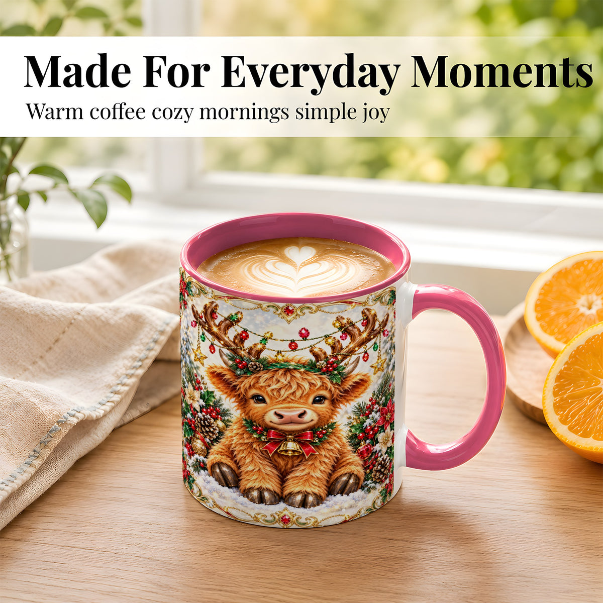 #pl[11oz|Pink] Christmas Highland Cow Coffee Mug, Reindeer Cow Mug, Ceramic Cup