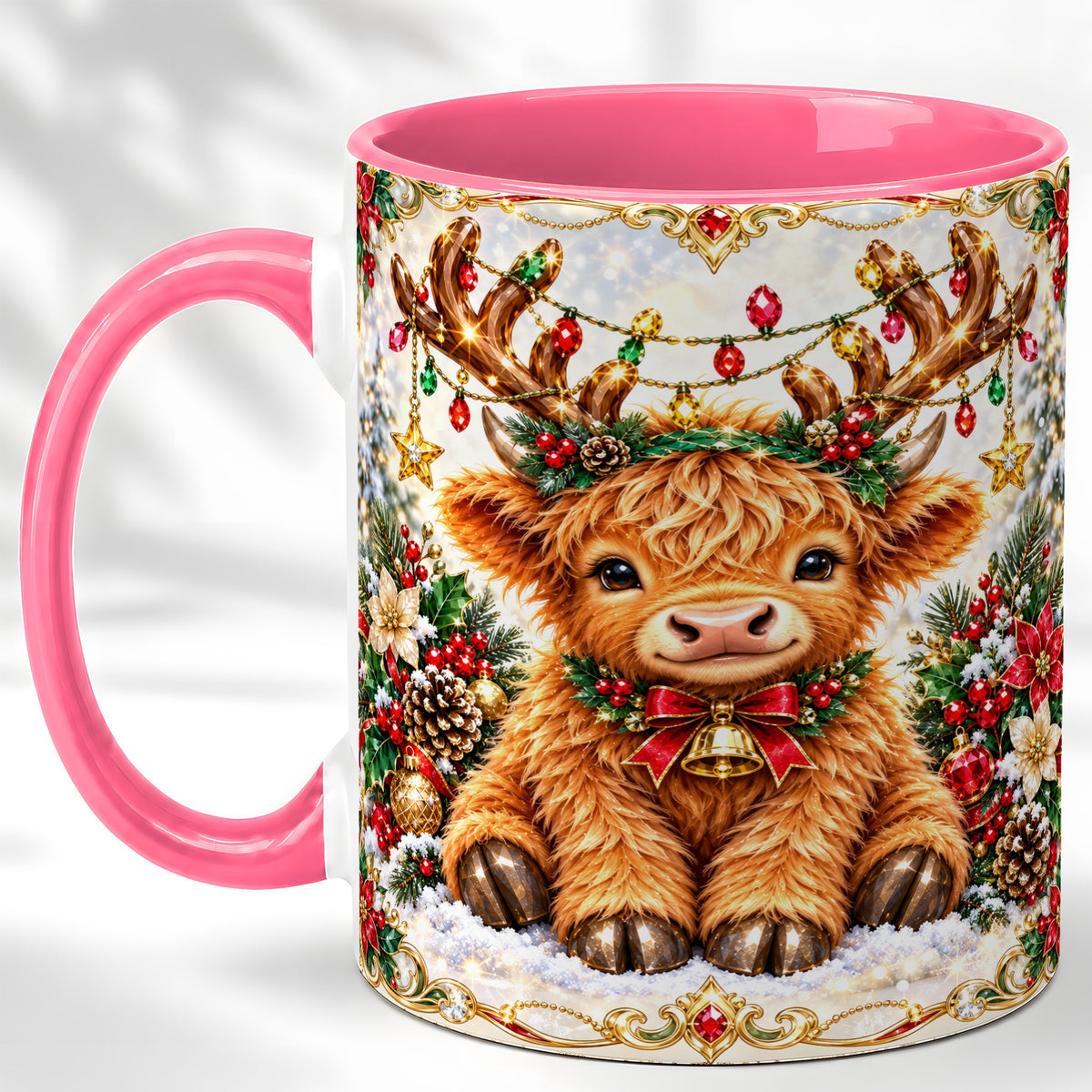 #pl[11oz|Pink] Christmas Highland Cow Coffee Mug, Reindeer Cow Mug, Ceramic Cup
