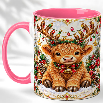 #pl[11oz|Pink] Christmas Highland Cow Coffee Mug, Reindeer Cow Mug, Ceramic Cup