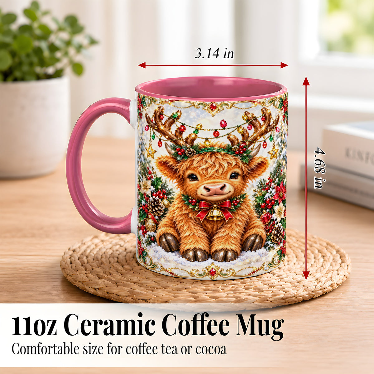 #pl[11oz|Pink] Christmas Highland Cow Coffee Mug, Reindeer Cow Mug, Ceramic Cup