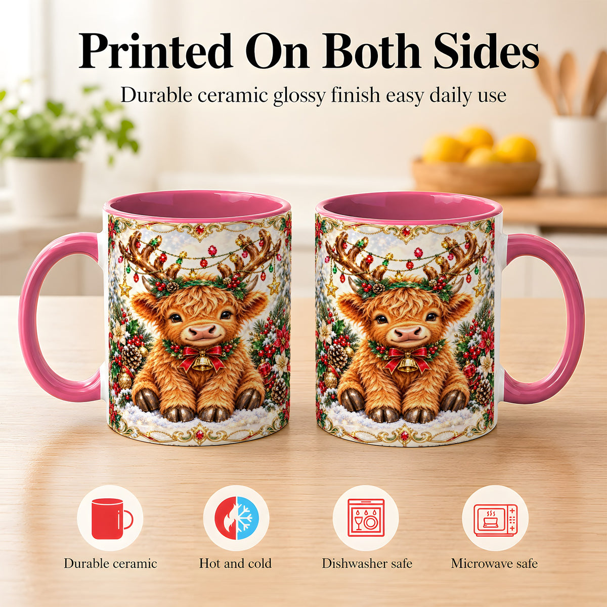 #pl[11oz|Pink] Christmas Highland Cow Coffee Mug, Reindeer Cow Mug, Ceramic Cup