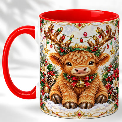 #pl[11oz|Red] Christmas Highland Cow Coffee Mug, Reindeer Cow Mug, Ceramic Cup