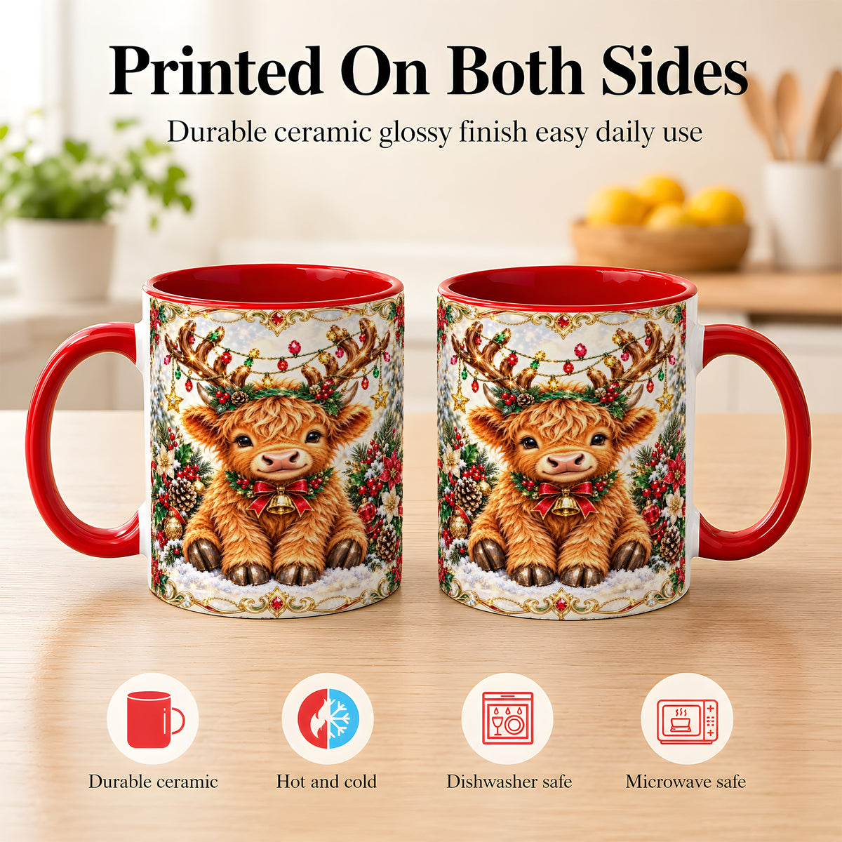 #pl[11oz|Red] Christmas Highland Cow Coffee Mug, Reindeer Cow Mug, Ceramic Cup