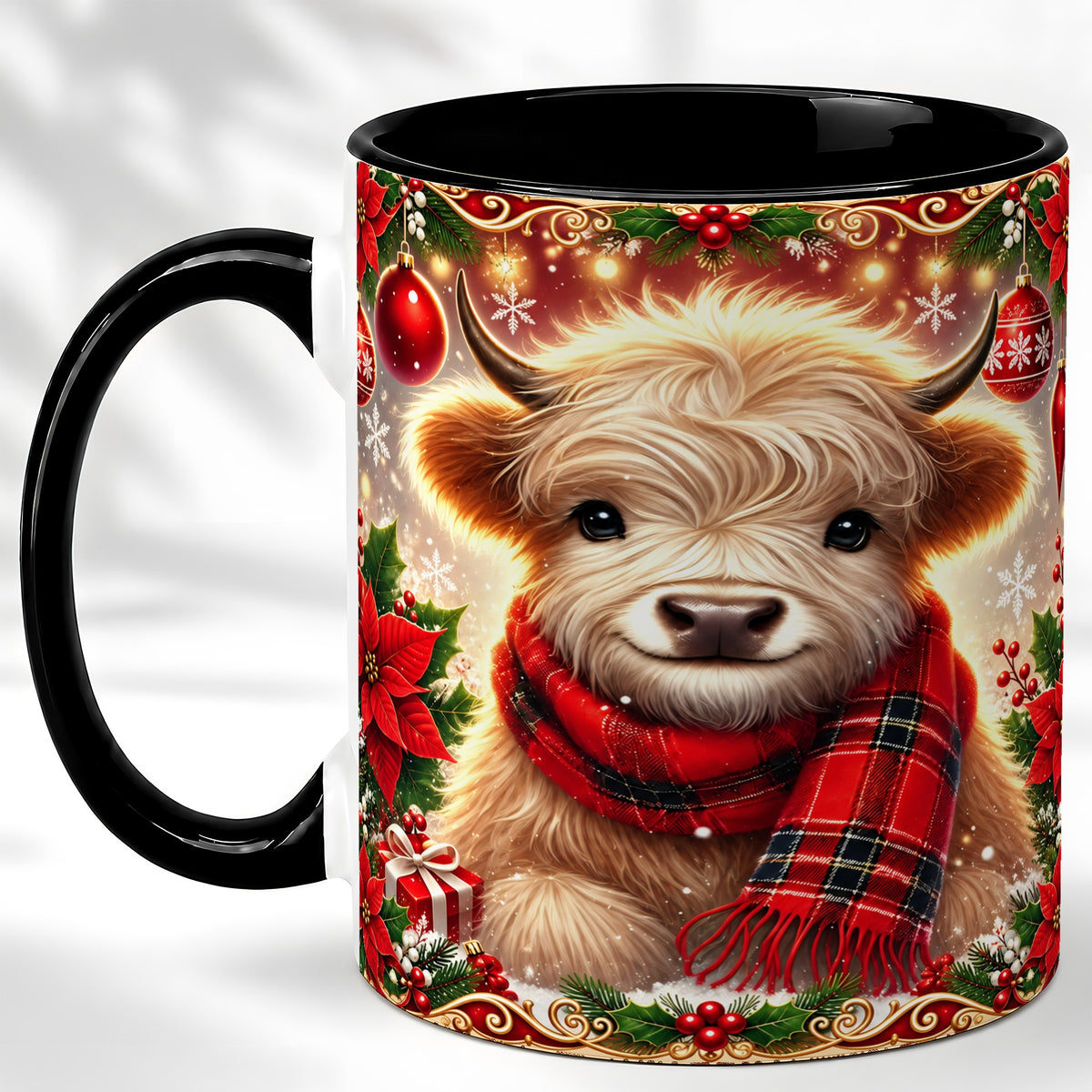 #pl[11oz|Black] Plaid Christmas Highland Cow Coffee Mug, Cozy Cow Mug, Ceramic Cup